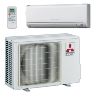 Mitsubishi Electric air conditioning unit with wall-mounted indoor unit, outdoor compressor, and remote control.