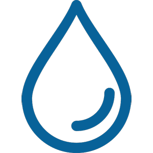 Icon of a blue water droplet with a curved line inside it, set against a black background.